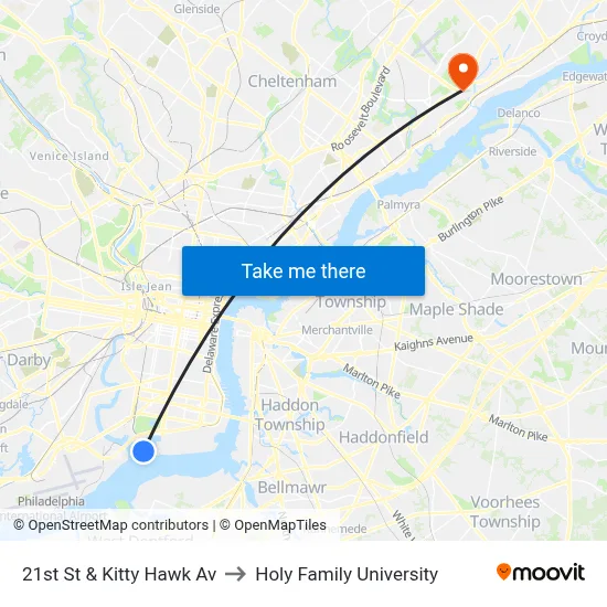21st St & Kitty Hawk Av to Holy Family University map