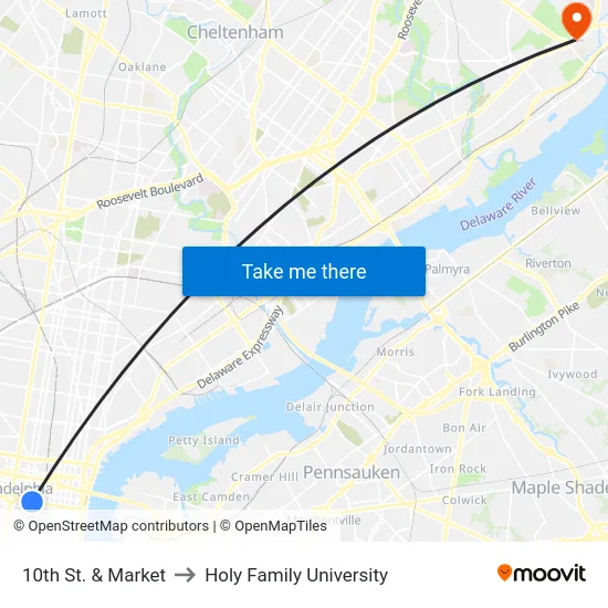 10th St. & Market to Holy Family University map