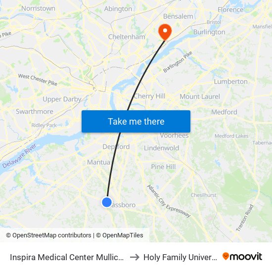 Inspira Medical Center Mullica Hill to Holy Family University map
