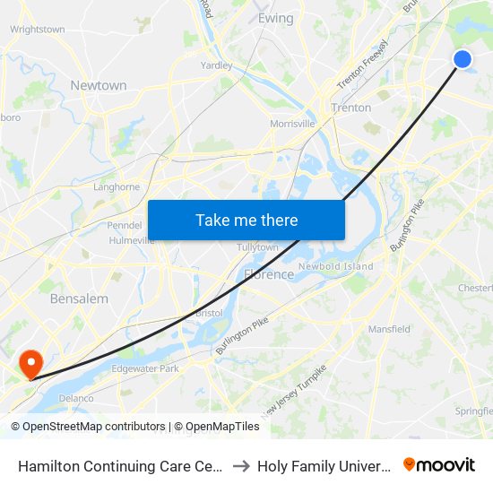 Hamilton Continuing Care Center to Holy Family University map