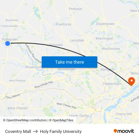 Coventry Mall to Holy Family University map