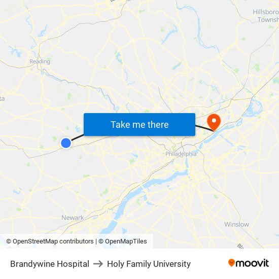 Brandywine Hospital to Holy Family University map