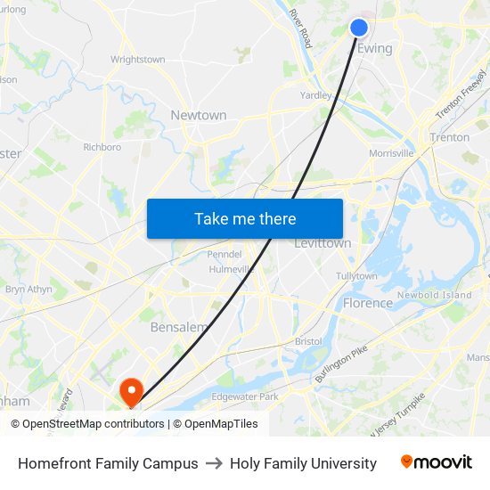 Homefront Family Campus to Holy Family University map