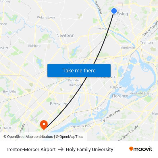 Trenton-Mercer Airport to Holy Family University map