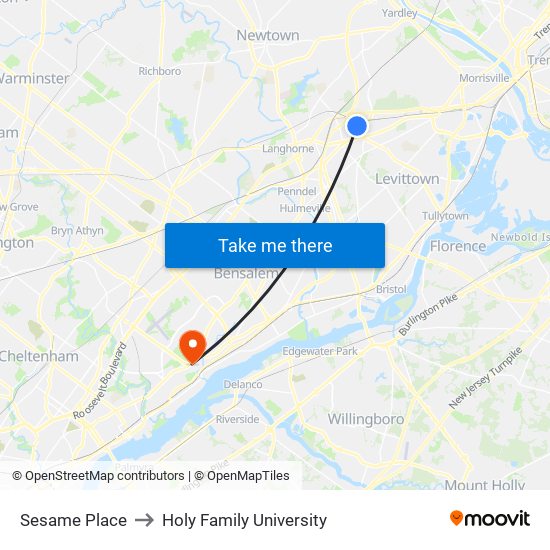 Sesame Place to Holy Family University map