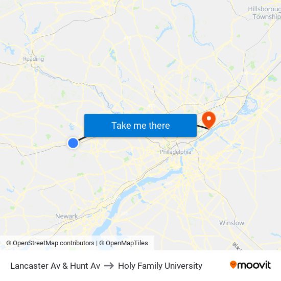 Lancaster Av & Hunt Av to Holy Family University map