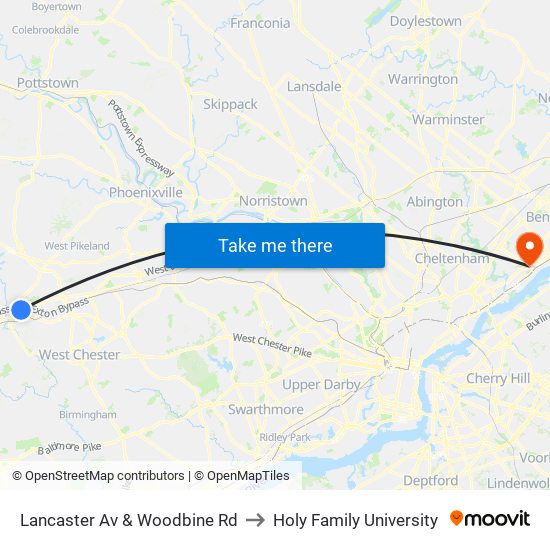 Lancaster Av & Woodbine Rd to Holy Family University map