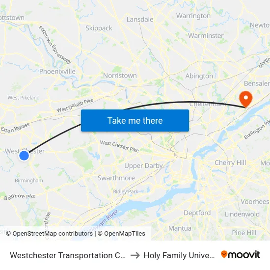 Westchester Transportation Center to Holy Family University map