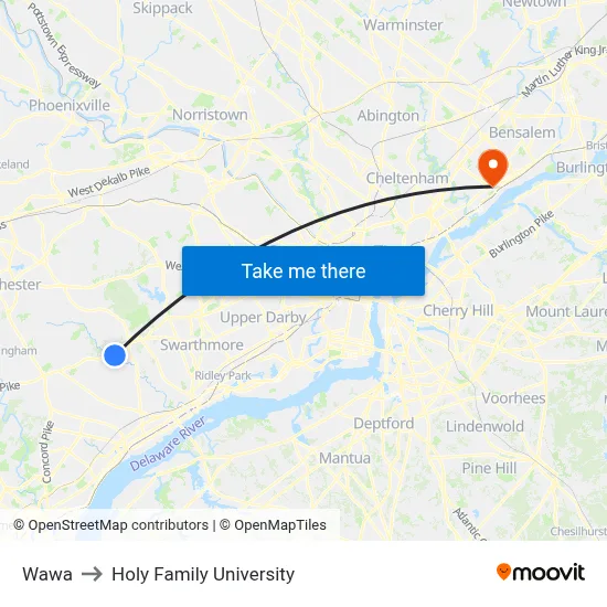Wawa to Holy Family University map
