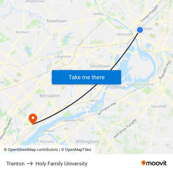 Trenton to Holy Family University map