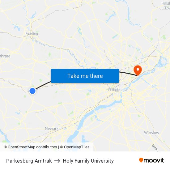 Parkesburg Amtrak to Holy Family University map