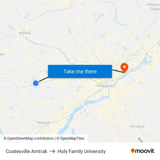 Coatesville Amtrak to Holy Family University map