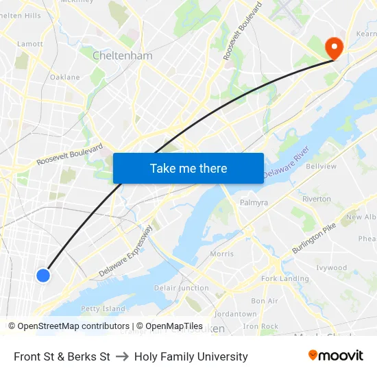 Front St & Berks St to Holy Family University map