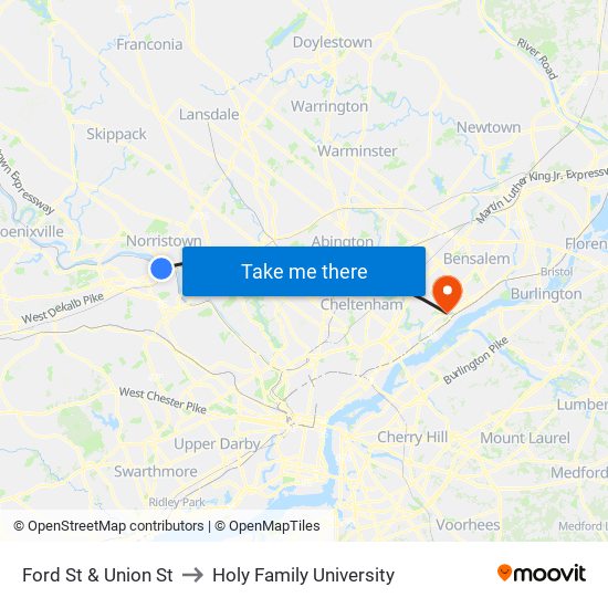 Ford St & Union St to Holy Family University map