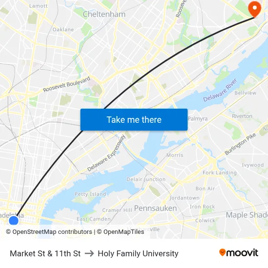 Market St & 11th St to Holy Family University map