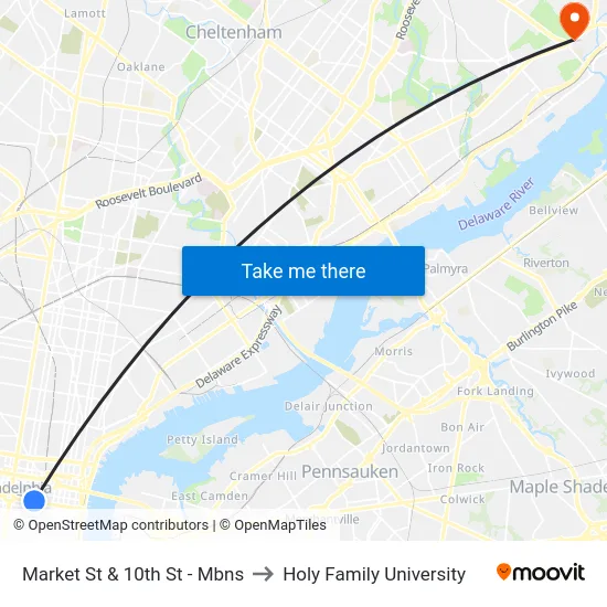 Market St & 10th St  - Mbns to Holy Family University map