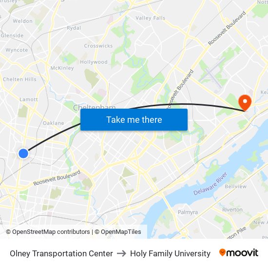 Olney Transportation Center to Holy Family University map