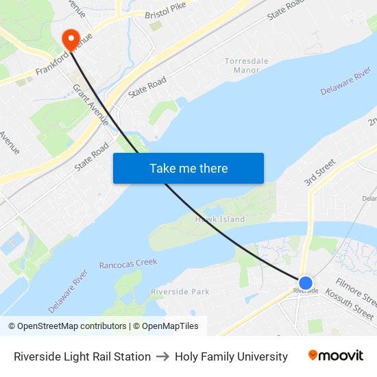 Riverside Light Rail Station to Holy Family University map