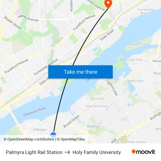 Palmyra Light Rail Station to Holy Family University map