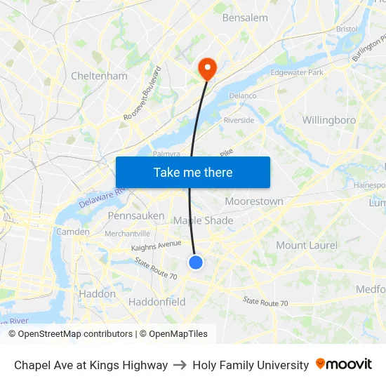 Chapel Ave at Kings Highway to Holy Family University map