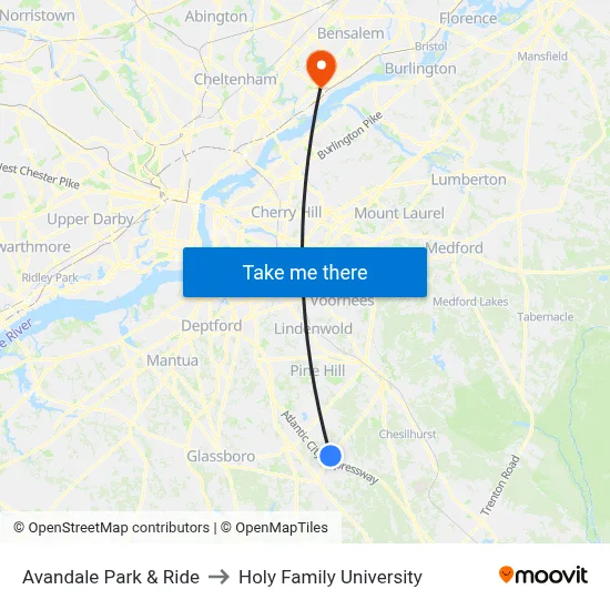 Avandale Park & Ride to Holy Family University map
