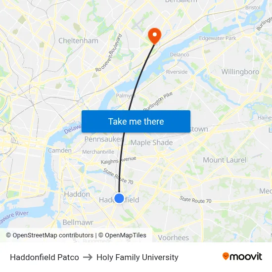 Haddonfield Patco to Holy Family University map