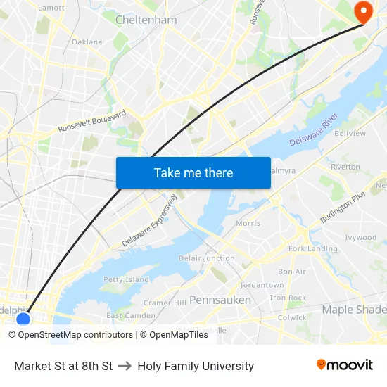 Market St at 8th St to Holy Family University map