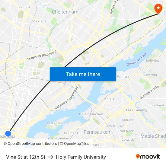 Vine St at 12th St to Holy Family University map