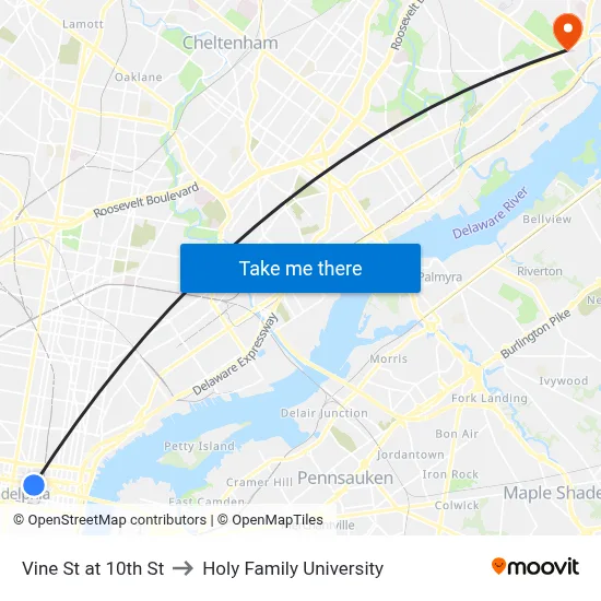 Vine St at 10th St to Holy Family University map