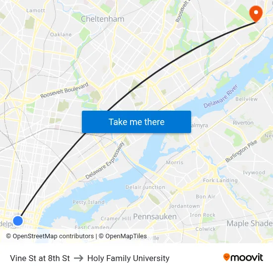 Vine St at 8th St to Holy Family University map