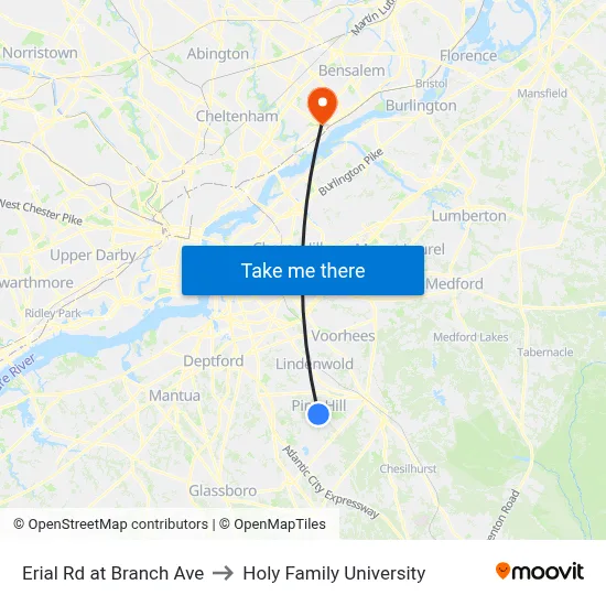 Erial Rd at Branch Ave to Holy Family University map