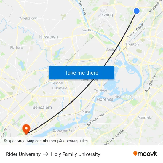 Rider University to Holy Family University map