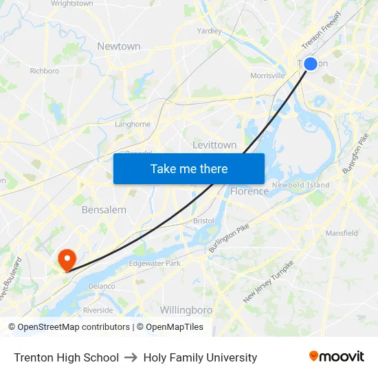 Trenton High School to Holy Family University map