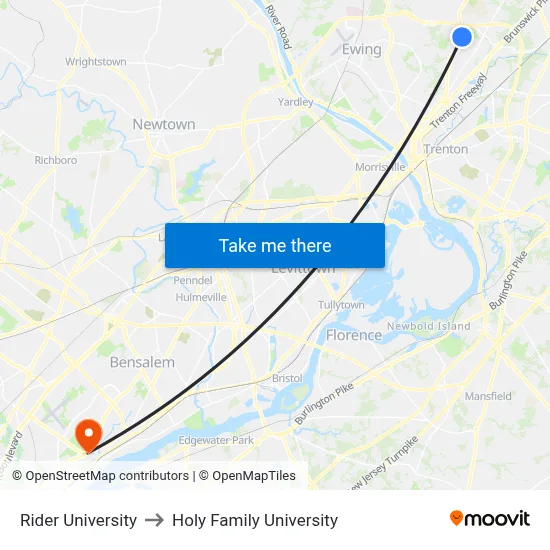 Rider University to Holy Family University map