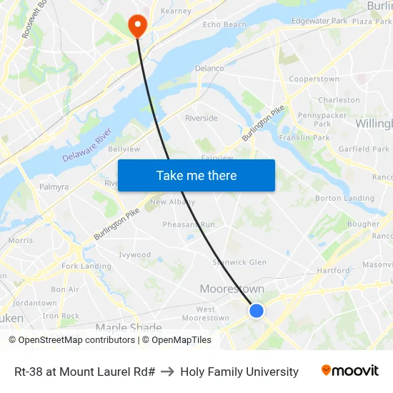 Rt-38 at Mount Laurel Rd# to Holy Family University map