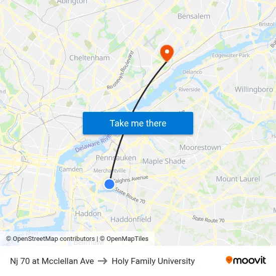Nj 70 at Mcclellan Ave to Holy Family University map
