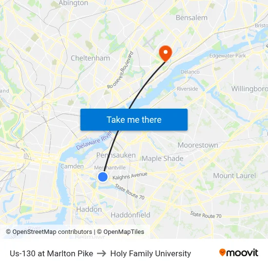 Us-130 at Marlton Pike to Holy Family University map