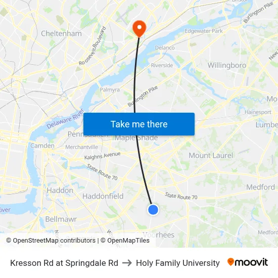 Kresson Rd at Springdale Rd to Holy Family University map