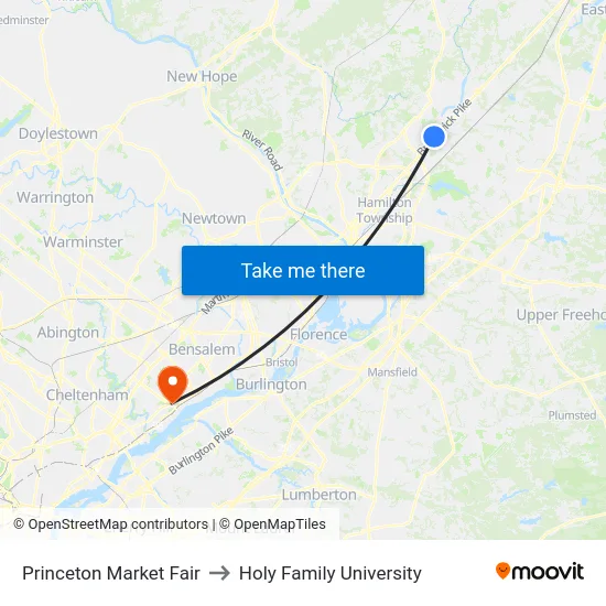 Princeton Market Fair to Holy Family University map