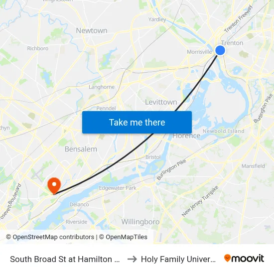 South Broad St at Hamilton Ave to Holy Family University map