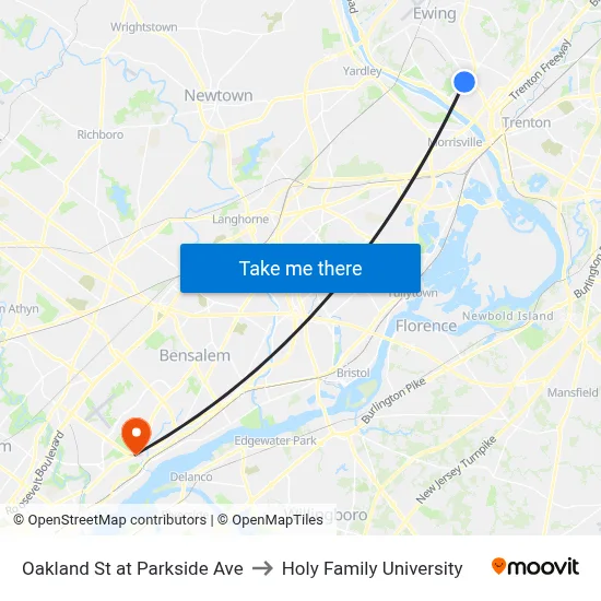 Oakland St at Parkside Ave to Holy Family University map