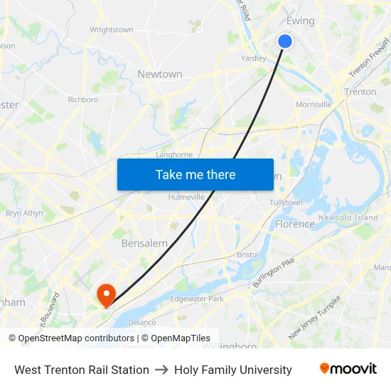 West Trenton Rail Station to Holy Family University map