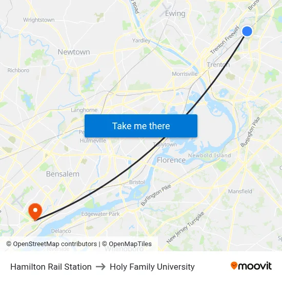 Hamilton Rail Station to Holy Family University map