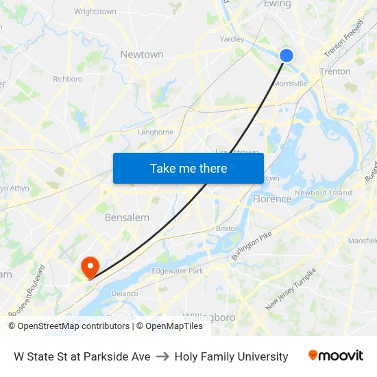 W State St at Parkside Ave to Holy Family University map