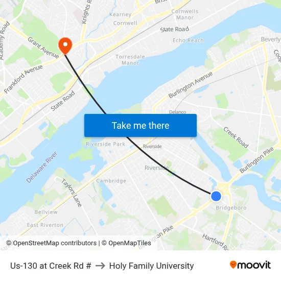 Us-130 at Creek Rd # to Holy Family University map