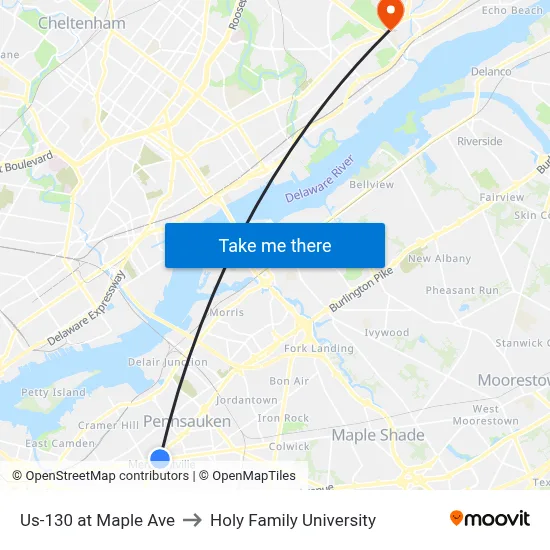 Us-130 at Maple Ave to Holy Family University map