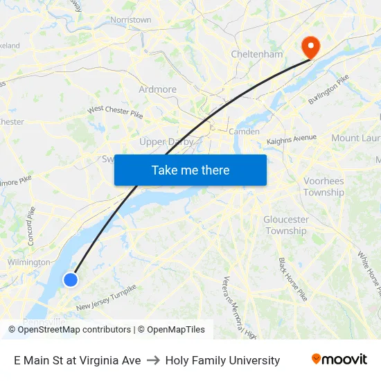 E Main St at Virginia Ave to Holy Family University map