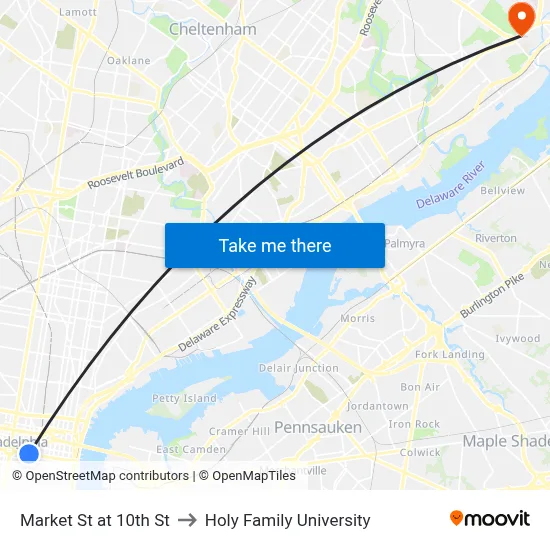 Market St at 10th St to Holy Family University map