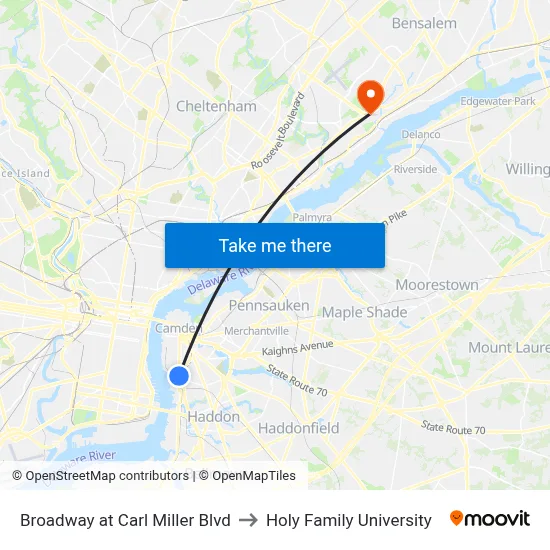 Broadway at Carl Miller Blvd to Holy Family University map