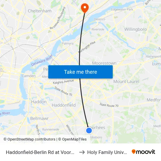Haddonfield-Berlin Rd at Voorhees Dr to Holy Family University map